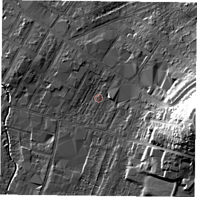 Shaded relief map of the ground around LE55DJ, computed from Environment Agency LiDAR. The ground here sits at about 66 m above sea level and falls 29 m across the surrounding 800 m. Surface water reaching this point runs off ground lying to the north-north-east, 2.2 m higher.