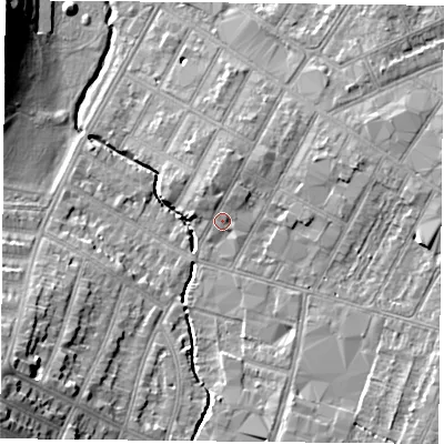 Shaded relief map of the ground around LE55DQ, computed from Environment Agency LiDAR. The ground here sits at about 65 m above sea level and falls 16 m across the surrounding 800 m. Surface water reaching this point runs off ground lying to the north-north-west, 1.8 m higher.
