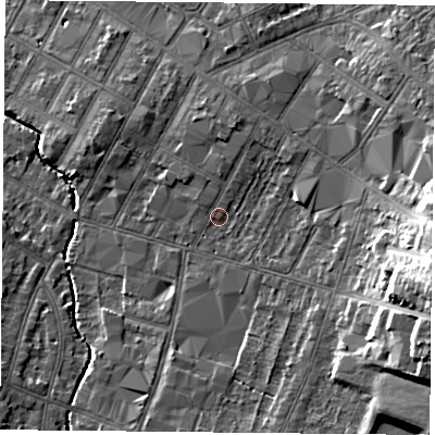 Shaded relief map of the ground around LE55DU, computed from Environment Agency LiDAR. The ground here sits at about 65 m above sea level and falls 19 m across the surrounding 800 m. Surface water reaching this point runs off ground lying to the east-south-east, 15.1 m higher.