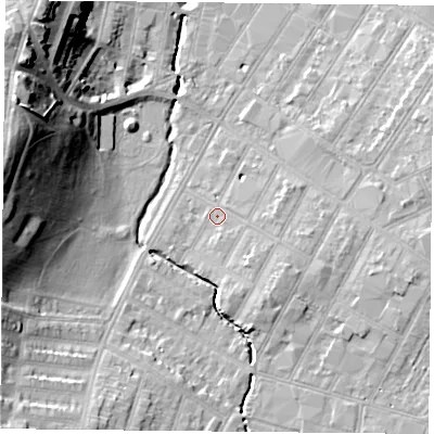 Shaded relief map of the ground around LE55EF, computed from Environment Agency LiDAR. The ground here sits at about 63 m above sea level and falls 26 m across the surrounding 800 m. Surface water reaching this point runs off ground lying to the south-east, 3.4 m higher.