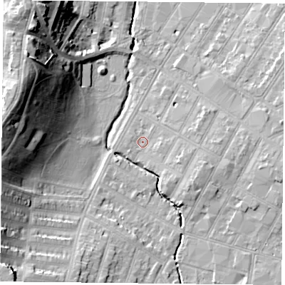 Shaded relief map of the ground around LE55EN, computed from Environment Agency LiDAR. The ground here sits at about 63 m above sea level and falls 26 m across the surrounding 800 m. Surface water reaching this point runs off ground lying to the south-south-west, 10.8 m higher.