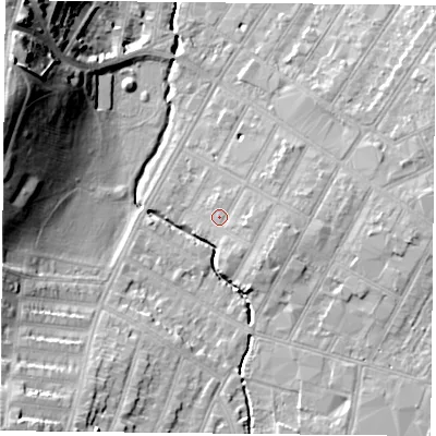 Shaded relief map of the ground around LE55EU, computed from Environment Agency LiDAR. The ground here sits at about 64 m above sea level and falls 26 m across the surrounding 800 m. Surface water reaching this point runs off ground lying to the east-south-east, 2.2 m higher.