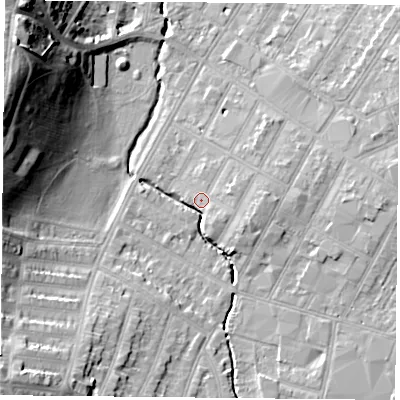 Shaded relief map of the ground around LE55EW, computed from Environment Agency LiDAR. The ground here sits at about 64 m above sea level and falls 25 m across the surrounding 800 m. Surface water reaching this point runs off ground lying to the east-south-east, 4.8 m higher.