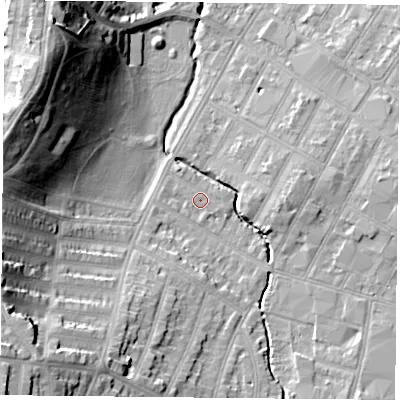 Shaded relief map of the ground around LE55FA, computed from Environment Agency LiDAR. The ground here sits at about 63 m above sea level and falls 25 m across the surrounding 800 m. Surface water reaching this point runs off ground lying to the south-west, 20.5 m higher.