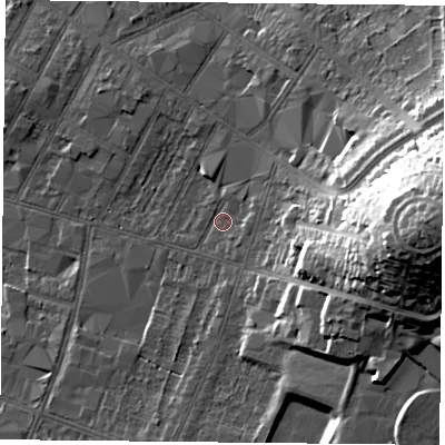 Shaded relief map of the ground around LE55FB, computed from Environment Agency LiDAR. The ground here sits at about 67 m above sea level and falls 30 m across the surrounding 800 m. Surface water reaching this point runs off ground lying to the east, 24.5 m higher.