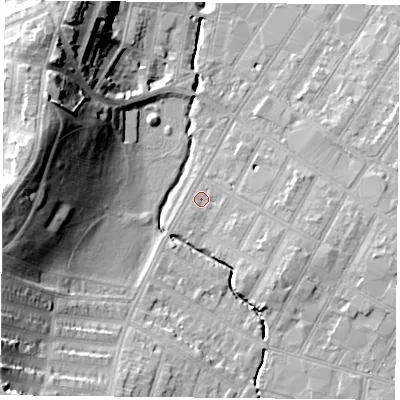 Shaded relief map of the ground around LE55FD, computed from Environment Agency LiDAR. The ground here sits at about 63 m above sea level and falls 26 m across the surrounding 800 m. Surface water reaching this point runs off ground lying to the south-south-west, 9.2 m higher.