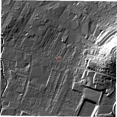 Shaded relief map of the ground around LE55FG, computed from Environment Agency LiDAR. The ground here sits at about 66 m above sea level and falls 30 m across the surrounding 800 m. Surface water reaching this point runs off ground lying to the east, 25.2 m higher.