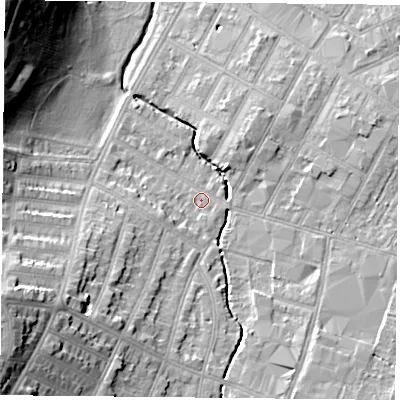 Shaded relief map of the ground around LE55FL, computed from Environment Agency LiDAR. The ground here sits at about 64 m above sea level and falls 24 m across the surrounding 800 m. Surface water reaching this point runs off ground lying to the south-west, 18.7 m higher.
