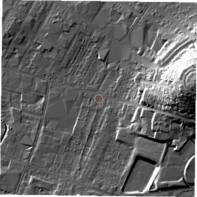 Shaded relief map of the ground around LE55FN, computed from Environment Agency LiDAR. The ground here sits at about 66 m above sea level and falls 30 m across the surrounding 800 m. Surface water reaching this point runs off ground lying to the east, 24.0 m higher.