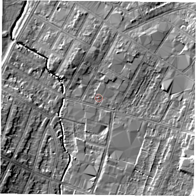 Shaded relief map of the ground around LE55FW, computed from Environment Agency LiDAR. The ground here sits at about 65 m above sea level and falls 11 m across the surrounding 800 m. Surface water reaching this point runs off ground lying to the north-east, 1.3 m higher.