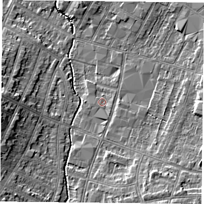Shaded relief map of the ground around LE55GJ, computed from Environment Agency LiDAR. The ground here sits at about 66 m above sea level and falls 11 m across the surrounding 800 m. Surface water reaching this point runs off ground lying to the south-south-east, 1.5 m higher.