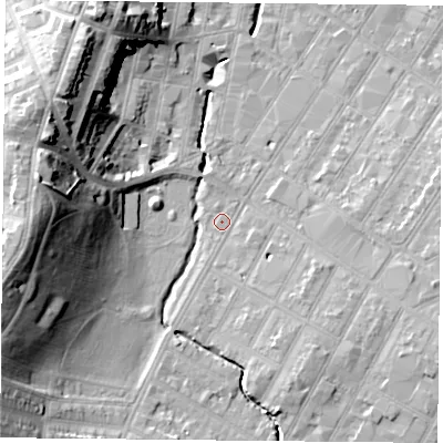 Shaded relief map of the ground around LE55GY, computed from Environment Agency LiDAR. The ground here sits at about 62 m above sea level and falls 27 m across the surrounding 800 m. Surface water reaching this point runs off ground lying to the west, 24.5 m higher.