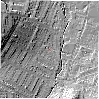 Shaded relief map of the ground around LE55HS, computed from Environment Agency LiDAR. The ground here sits at about 68 m above sea level and falls 20 m across the surrounding 800 m. Surface water reaching this point runs off ground lying to the west-north-west, 14.6 m higher.