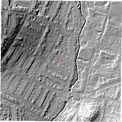 Shaded relief map of the ground around LE55HT, computed from Environment Agency LiDAR. The ground here sits at about 68 m above sea level and falls 21 m across the surrounding 800 m. Surface water reaching this point runs off ground lying to the west-north-west, 14.6 m higher.