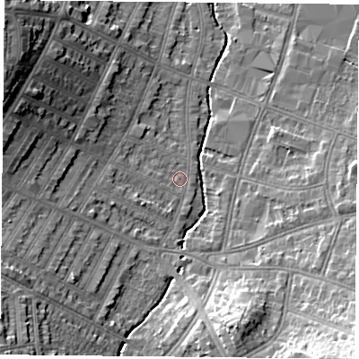 Shaded relief map of the ground around LE55JS, computed from Environment Agency LiDAR. The ground here sits at about 68 m above sea level and falls 19 m across the surrounding 800 m. Surface water reaching this point runs off ground lying to the south-west, 15.0 m higher.