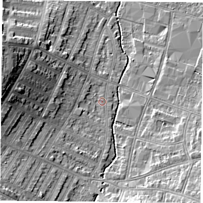 Shaded relief map of the ground around LE55JT, computed from Environment Agency LiDAR. The ground here sits at about 67 m above sea level and falls 19 m across the surrounding 800 m. Surface water reaching this point runs off ground lying to the west, 14.3 m higher.