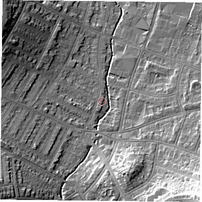 Shaded relief map of the ground around LE55JU, computed from Environment Agency LiDAR. The ground here sits at about 68 m above sea level and falls 23 m across the surrounding 800 m. Surface water reaching this point runs off ground lying to the south-west, 14.8 m higher.