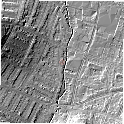 Shaded relief map of the ground around LE55JW, computed from Environment Agency LiDAR. The ground here sits at about 67 m above sea level and falls 18 m across the surrounding 800 m. Surface water reaching this point runs off ground lying to the south-west, 11.3 m higher.