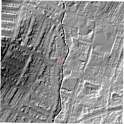 Shaded relief map of the ground around LE55LF, computed from Environment Agency LiDAR. The ground here sits at about 66 m above sea level and falls 17 m across the surrounding 800 m. Surface water reaching this point runs off ground lying to the west, 13.2 m higher.