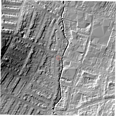 Shaded relief map of the ground around LE55LH, computed from Environment Agency LiDAR. The ground here sits at about 66 m above sea level and falls 18 m across the surrounding 800 m. Surface water reaching this point runs off ground lying to the west, 12.9 m higher.