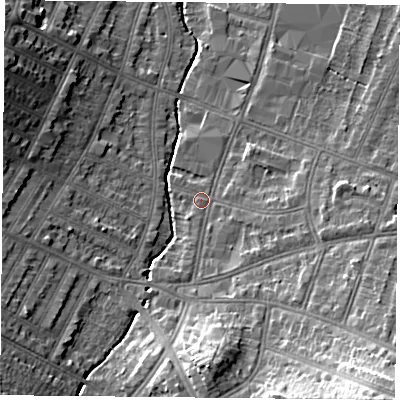Shaded relief map of the ground around LE55LJ, computed from Environment Agency LiDAR. The ground here sits at about 68 m above sea level and falls 22 m across the surrounding 800 m. Surface water reaching this point runs off ground lying to the east-south-east, 4.2 m higher.