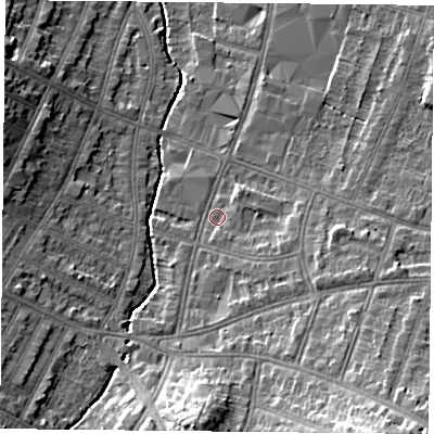 Shaded relief map of the ground around LE55LL, computed from Environment Agency LiDAR. The ground here sits at about 67 m above sea level and falls 18 m across the surrounding 800 m. Surface water reaching this point runs off ground lying to the south-east, 4.7 m higher.
