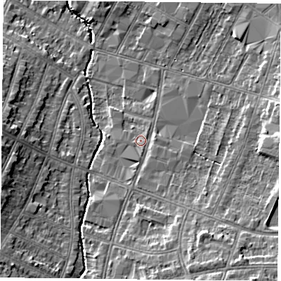 Shaded relief map of the ground around LE55LN, computed from Environment Agency LiDAR. The ground here sits at about 66 m above sea level and falls 12 m across the surrounding 800 m. Surface water reaching this point runs off ground lying to the south-east, 7.3 m higher.