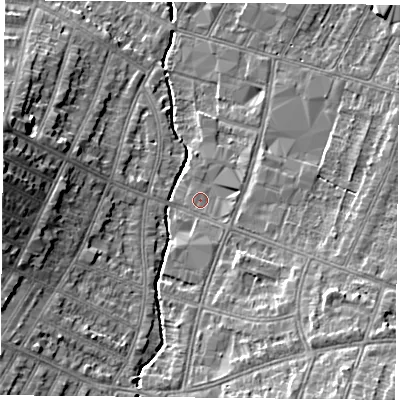 Shaded relief map of the ground around LE55LR, computed from Environment Agency LiDAR. The ground here sits at about 66 m above sea level and falls 13 m across the surrounding 800 m. Surface water reaching this point runs off ground lying to the south-east, 0.7 m higher.