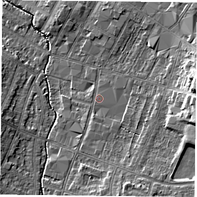 Shaded relief map of the ground around LE55LY, computed from Environment Agency LiDAR. The ground here sits at about 66 m above sea level and falls 16 m across the surrounding 800 m. Surface water reaching this point runs off ground lying to the south-south-east, 5.9 m higher.
