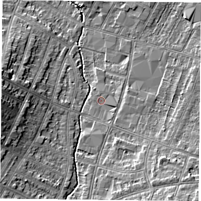 Shaded relief map of the ground around LE55LZ, computed from Environment Agency LiDAR. The ground here sits at about 66 m above sea level and falls 13 m across the surrounding 800 m. Surface water reaching this point runs off ground lying to the south-south-east, 1.2 m higher.