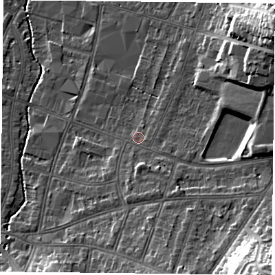 Shaded relief map of the ground around LE55NA, computed from Environment Agency LiDAR. The ground here sits at about 69 m above sea level and falls 27 m across the surrounding 800 m. Surface water reaching this point runs off ground lying to the south-east, 18.1 m higher.
