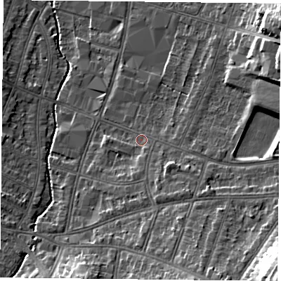 Shaded relief map of the ground around LE55NB, computed from Environment Agency LiDAR. The ground here sits at about 68 m above sea level and falls 24 m across the surrounding 800 m. Surface water reaching this point runs off ground lying to the south-east, 19.1 m higher.