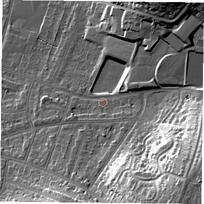 Shaded relief map of the ground around LE55ND, computed from Environment Agency LiDAR. The ground here sits at about 71 m above sea level and falls 33 m across the surrounding 800 m. Surface water reaching this point runs off ground lying to the south-east, 27.4 m higher.