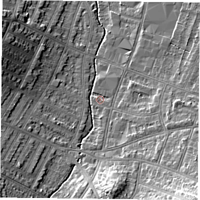 Shaded relief map of the ground around LE55NH, computed from Environment Agency LiDAR. The ground here sits at about 67 m above sea level and falls 20 m across the surrounding 800 m. Surface water reaching this point runs off ground lying to the south, 2.1 m higher.