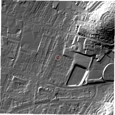 Shaded relief map of the ground around LE55NJ, computed from Environment Agency LiDAR. The ground here sits at about 68 m above sea level and falls 30 m across the surrounding 800 m. Surface water reaching this point runs off ground lying to the east-north-east, 14.0 m higher.