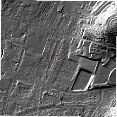 Shaded relief map of the ground around LE55NL, computed from Environment Agency LiDAR. The ground here sits at about 68 m above sea level and falls 30 m across the surrounding 800 m. Surface water reaching this point runs off ground lying to the south-south-west, 1.8 m higher.