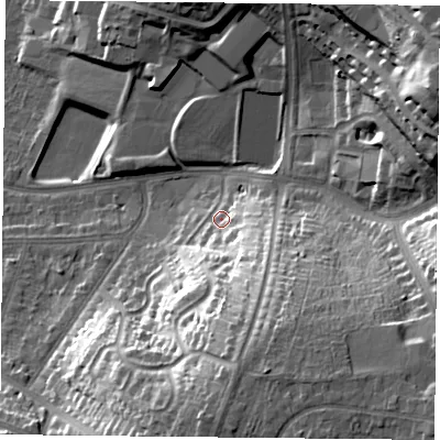 Shaded relief map of the ground around LE55NN, computed from Environment Agency LiDAR. The ground here sits at about 76 m above sea level and falls 34 m across the surrounding 800 m. Surface water reaching this point runs off ground lying to the south, 21.8 m higher.