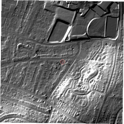 Shaded relief map of the ground around LE55PH, computed from Environment Agency LiDAR. The ground here sits at about 72 m above sea level and falls 31 m across the surrounding 800 m. Surface water reaching this point runs off ground lying to the south, 2.9 m higher.