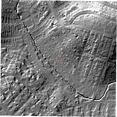 Shaded relief map of the ground around LE55TA, computed from Environment Agency LiDAR. The ground here sits at about 73 m above sea level and falls 23 m across the surrounding 800 m. Surface water reaching this point runs off ground lying to the east-north-east, 18.6 m higher.