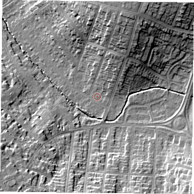 Shaded relief map of the ground around LE55TD, computed from Environment Agency LiDAR. The ground here sits at about 75 m above sea level and falls 23 m across the surrounding 800 m. Surface water reaching this point runs off ground lying to the south-west, 18.0 m higher.