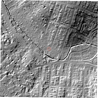 Shaded relief map of the ground around LE55TE, computed from Environment Agency LiDAR. The ground here sits at about 74 m above sea level and falls 23 m across the surrounding 800 m. Surface water reaching this point runs off ground lying to the south-west, 18.1 m higher.