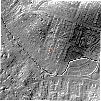 Shaded relief map of the ground around LE55TG, computed from Environment Agency LiDAR. The ground here sits at about 77 m above sea level and falls 24 m across the surrounding 800 m. Surface water reaching this point runs off ground lying to the north-north-east, 14.7 m higher.