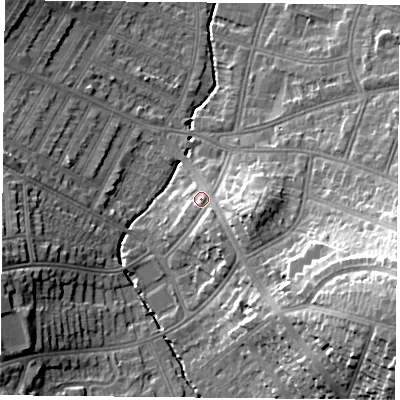 Shaded relief map of the ground around LE55TR, computed from Environment Agency LiDAR. The ground here sits at about 72 m above sea level and falls 25 m across the surrounding 800 m. Surface water reaching this point runs off ground lying to the south-south-east, 4.6 m higher.