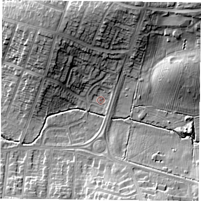 Shaded relief map of the ground around LE55TS, computed from Environment Agency LiDAR. The ground here sits at about 77 m above sea level and falls 23 m across the surrounding 800 m. Surface water reaching this point runs off ground lying to the north-north-east, 18.9 m higher.