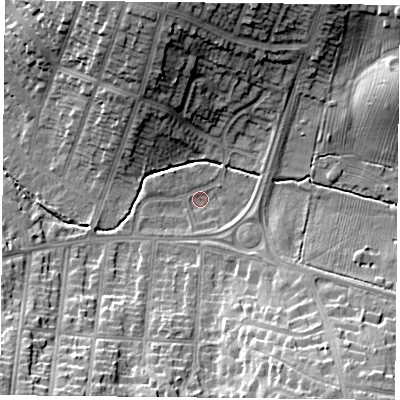 Shaded relief map of the ground around LE55TT, computed from Environment Agency LiDAR. The ground here sits at about 76 m above sea level and falls 19 m across the surrounding 800 m. Surface water reaching this point runs off ground lying to the south-east, 16.5 m higher.