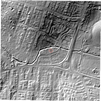 Shaded relief map of the ground around LE55TU, computed from Environment Agency LiDAR. The ground here sits at about 76 m above sea level and falls 20 m across the surrounding 800 m. Surface water reaching this point runs off ground lying to the north-north-west, 7.5 m higher.