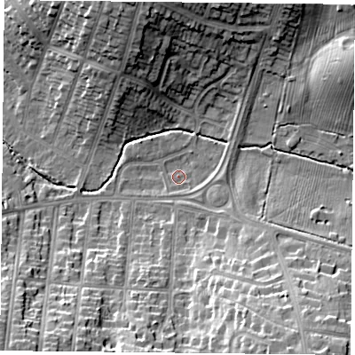 Shaded relief map of the ground around LE55TW, computed from Environment Agency LiDAR. The ground here sits at about 76 m above sea level and falls 20 m across the surrounding 800 m. Surface water reaching this point runs off ground lying to the east, 1.9 m higher.