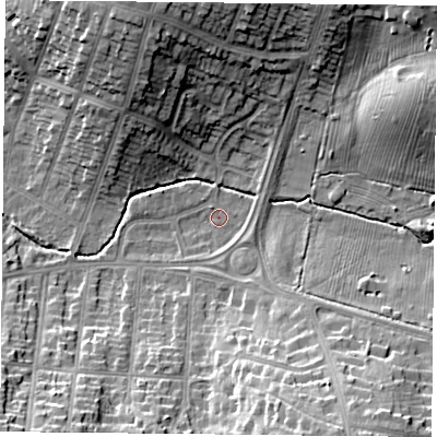 Shaded relief map of the ground around LE55TX, computed from Environment Agency LiDAR. The ground here sits at about 76 m above sea level and falls 19 m across the surrounding 800 m. Surface water reaching this point runs off ground lying to the south-east, 1.5 m higher.