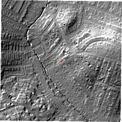 Shaded relief map of the ground around LE55UA, computed from Environment Agency LiDAR. The ground here sits at about 74 m above sea level and falls 24 m across the surrounding 800 m. Surface water reaching this point runs off ground lying to the east-north-east, 6.5 m higher.