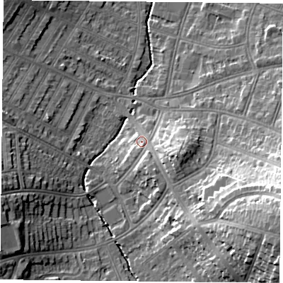 Shaded relief map of the ground around LE55UD, computed from Environment Agency LiDAR. The ground here sits at about 72 m above sea level and falls 25 m across the surrounding 800 m. Surface water reaching this point runs off ground lying to the east-south-east, 6.7 m higher.